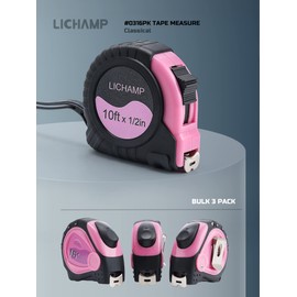 Lichamp Small Tape Measure 10 Feet, Pink Tape Measure Mini 3 Pack 10ft x 1/2in with 1/8 Fractions, 0310PK