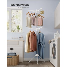 SONGMICS 2-Tier Clothes Drying Rack, 75.2-Inch Folding Laundry Drying Rack with 6 Rotatable Arms for Hangers, Stainless Steel, for 54 Pieces of Clothes, White and Silver ULLR514W01