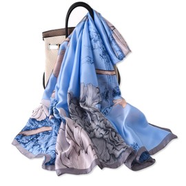 LumiSyne Silk Scarf Women's Warm Soft Silk Scarf Autumn Winter Retro Printed Scarf Coloured Stripes Floral Pattern Long Neckerchiefs Sun Protection Stole All Year Round, Peony/Blue
