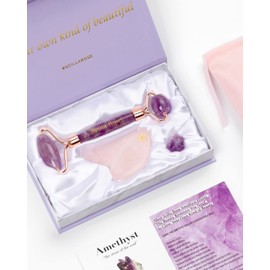 Scilla Rose Jade Roller Amethyst Roller and Rose Quartz Gua Sha Set - Face Roller and Guasha Stone Massager- Superior and Natural, Anti-Ageing Facial Massage Skincare Tools - Pamper Gifts for Women