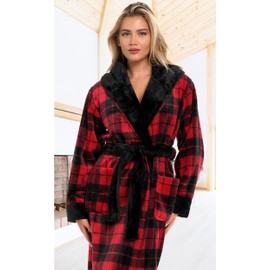 Alexander Del Rossa Women's Robes, Long Plush Bathrobe, Womens Robe with Hood, Hooded Robes for Women Plus Size Robe Red Black Plaid XS (A0116Q42XS)