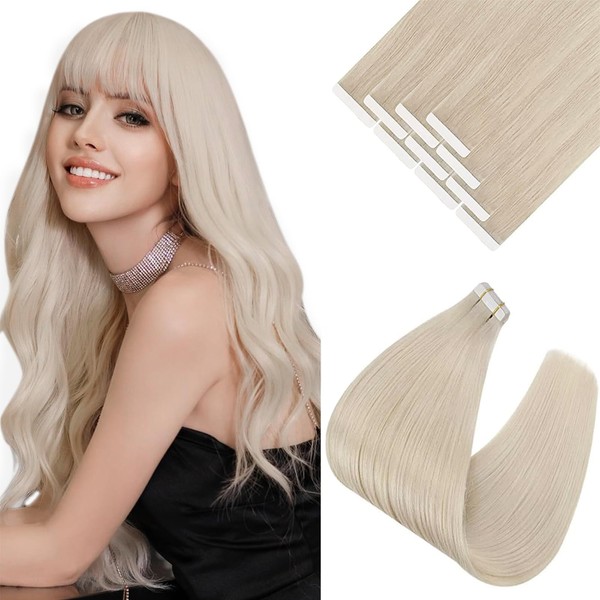 Human Hair Tape in Extensions Blonde Sunny Tape on Natural Hair Extensions Real Human Hair Tape in Extensions Platinum Blonde Tape Hair Extensions Blonde for Women 10pcs 25g 20inch