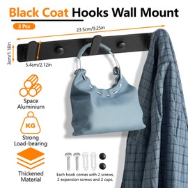 LELE LIFE 3Pcs Coat Rack Wall Mount with 3 Black Coat Hooks, Hat Racks for Baseball Caps Wall, Key Coat Hooks for Wall Mounted Coat Rack, Wall Hooks for Coats for Jacket Scarf