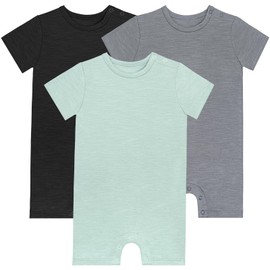 GUISBY Baby Short Sleeve Bodysuit Snap Crotch Closure Cotton Pajamas for Baby 3-Packs Green+Black+Grey 3-6 Months