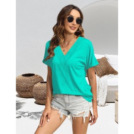 EyMuse T Shirts Short Sleeve V Neck Tees Womens Fashion Tops Loose Fit Lightweight Casual Summer Outfits Clothes 2025 Aqua,XL