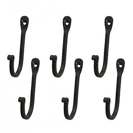 Early American Single Prong Wrought Iron Hooks, Set of 6 - Rustic Curved Metal Fasteners - Decorative Colonial Wall Décor