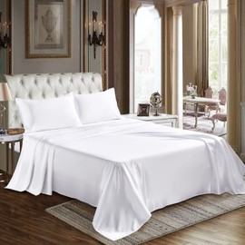 CozyLux Satin Sheets California King Size - 4 Piece White Bed Sheet Set with Silky Microfiber, 1 Deep Pocket Fitted Sheet, 1 Flat Sheet, and 2 Pillowcases - Smooth and Soft