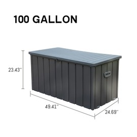100 Gallon Outdoor Storage Box, Waterproof Resin Deck Box, Patio Storage Bin with Lockable Lid, Deck Storage Containers for Patio Furniture Cushions, Pool Accessories, Garden Tools - Dark Gray