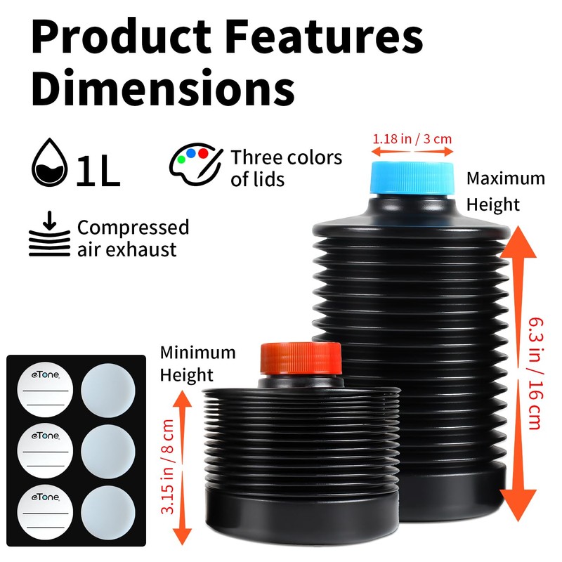 eTone 3X 1000ml Collapsible Darkroom Chemical Storage Bottles Foldable Liquid