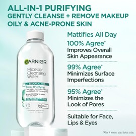 Garnier Micellar Water with Salicylic Acid, All-in-1 Mattifying Facial Cleanser and Makeup Remover for Oily and Acne Prone Skin, 13.5 Fl Oz