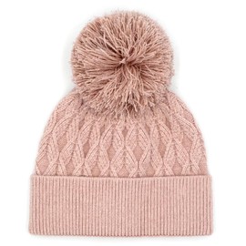 C.C Lurex Cable Pom Beanie for Women - Stretchable Soft Warm with Pom Knit Winter Skully Hat (Rose/Rose Metallic)