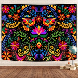 GOAOK Mexico Floral Tapestry, Colorful Mexico Flowers Bird Traditional Aesthetic Hippie Tapestries, Mexican Ornate Ethnic Pastel Plant Tapestry Wall Hanging for Bedroom Living Room 60"x40"