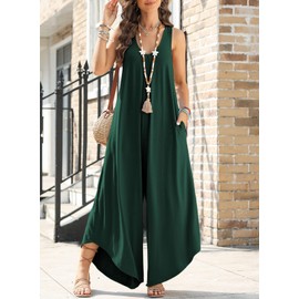 Happy Sailed Plus Size Jumpsuit for Curvy Women Summer Sleeveless Ruched V Neck Wide Leg Pants Romper Maternity Jumpsuit Loose Fit Overalls Blackish Green X-Large