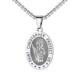 U7 St. Christopher Necklace with Stainless Steel Box Chain Oval Medal Pendant Archangel Jewelry for Men Women