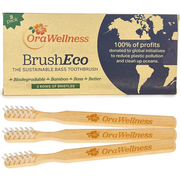 OraWellness Bamboo Toothbrush, Sustainable BrushEco Bass Toothbrush with 3 Rows, Biodegradable Wooden Toothbrush for Healthy Mouth, Gums & Teeth, Reducing Gum Disease, BPA Free & Made in USA - 3 Pack