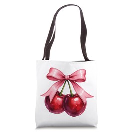 Cherries Cute Pink Bow and Ribbon Cute Graphic Womens Girls Tote Bag