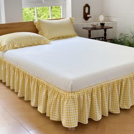Yellow Gingham Wrap Around Ruffled Bed Skirt with Lace Decor, Plaid Grid Adjustable Elastic Dust Ruffles for Queen Bed, 15 Inch Drop Farmhouse Cottage Pleated Bed Frame Cover(Yellow Gingham, Queen)