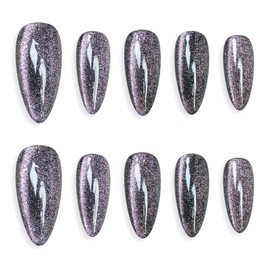 Sun&Beam Nails Handmade Nail Tips, Medium, Long, Almond, Solid, Black, Pink, Cat Eye, Magnet, Fashionable, Set of 10 (#126 S)