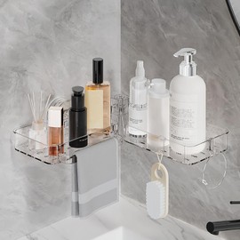 ZLAXACL Corner Shower Caddy, No-Drill Rotatable Bathroom Shelves, Strong Suction Caddy Removable Bathroom Organizer with Hooks, Storage for Corner Shower Home Kitchen Dorm