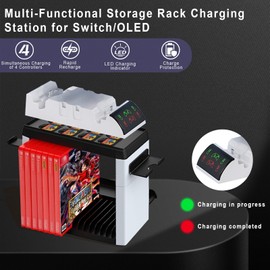 AriKroii Switch Games Storage with Controller Charging Station 6 in 1 Switch Multifunctional Storage Shelf Charging Station for Switch/OLED Joycons, Simultaneous Charging of 4 Devices, Switch