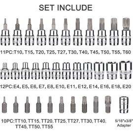 Drive Male Female Torx Bit Socket， E-Torx (Star) Socket Set Cr-V E Socket Set E4-20, S2 Torx Bit Socket Set T10-60, Tamper Proof Torx Bit Set TT10-TT55, 5/16"F to 3/8"M adapter, 34 Pieces