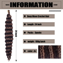 BOLINSEN Deep Wave Ocean Wave Crochet Hair Extensions Synthetic Curly for Boho Braids (4#, 24 Inch, Pack of 3)