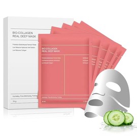 Mascarillas Faciales 5pcs: Mascarillas Faciales Coreanas de Colágeno Nocturnas-Bio-Collagen Real Deep Mask | Minimiza los Poros Mejora la Elasticidad 