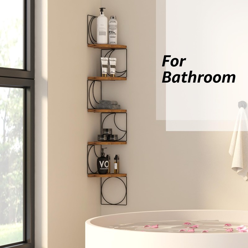PHAREGE 5 Tier Moon Phase Corner Shelves Brown Black, Rustic
