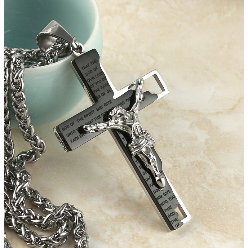 HZMAN Men's Stainless Steel Cross Crucifix Bible Prayer Pendant Necklace