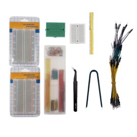 SparkKit Breadboard Electronic Craft Kit (2 x 400-hole breadboards, 2 x 170-hole mini breadboards, IC chip removal tool, tweezers, 30 color jumper wires (male to male), 40-pin single row pin headers