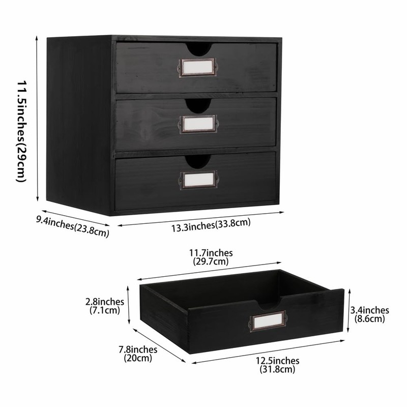 PACKGILO Wooden Storage Box Rustic Desktop Organizer with 3 Drawers