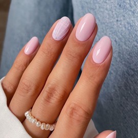 24 Pcs Short Almond Shaped Press on Nails Pink Glossy False Nails with Pearl Embossed Designs Reusable Fake Nails Full Cover Small Stick on Nails Acrylic Nail Kits for Women DIY Manicure