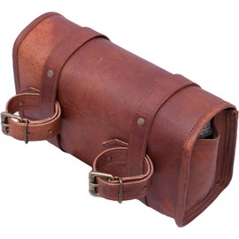 american blue Vintage Genuine Goat Leather Motorcycle Bag 2 Strap Buckle Closure Brown Tool Bag Quick Release Reinforced Handlebar Fork Leather Bike Bag (Pattern 6)