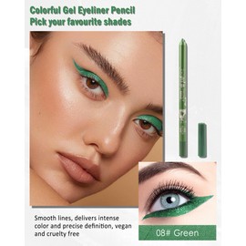 Green Eyeliner Pencil Gel, Sharpenable Multi-Use Colorful Eyeliner Waterline Waterproof Smudge-Proof Long Stay, High Pigmented Shimmer Cream Eye Liner Pen with Sharpener, Safe for Sensitive Eyes-08