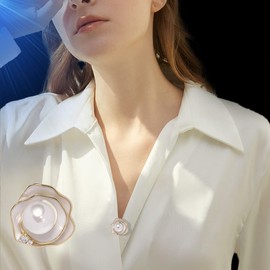 UNVAK Pearl Camellia Brooch for Women Enamel Pearl Camellia Brooches Pin Gold Plated Flower Buttons Lapel Pin Jewelry Mother's Day Wedding Gifts for Mom Wife