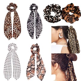 Chiffon Ponytail Hair Scarf Scrunchies - 6 Packs Leopard Print Big & Long Scrunchie Hair Scarf, Leopard Ripple Bun Hair Ties Bobbles, Scarves for Women Girls Bow Ponytail Holder (Leopard Headband - D)