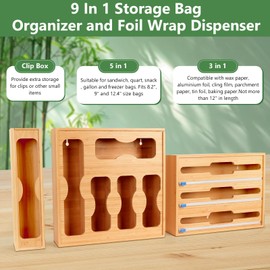 comfoyar 9 in 1 Bamboo Storage Bag Organizer with Slider for Kitchen Drawer, Foil and Plastic Wrap Organizer with Cutter, Food Bag Storage Dispenser for Gallon Quart Sandwich Snack Bag 12" Roll