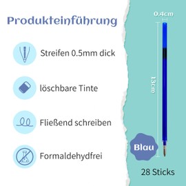FloraVigo 28 x Erasable Refills, Legami Compatible, Clean Erasing, Smooth Writing, 0.5mm Tip, 13cm Height (Blue 28 Pack)