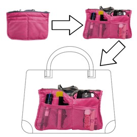 JJ PRIME - Multi-Compartment Handbag Insert | Expandable Liner Bag Pouch Zipper Closure | Tote Bag Organiser Insert 13 Pockets - with Easy Lifting Handle (Travel, Cosmetics, Toiletries), Rose Pink