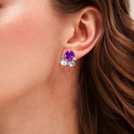 TseenYi Red Rose Flower Earrings Crystal Flower Pearl Stud Earrings Red Flower CZ Earrings Floral Rose Earrings Sparkling Crystal Pearl Earrings Jewellery for Women and Girls