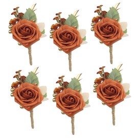 Rinlong 6Pcs Terracotta Boutonnieres for Men Wedding Groom Burnt Orange Boutonniere Fall Rustic Boho Groomsmen Accessories