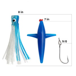 OCEAN CAT Chugger Chain Trolling Lure Saltwater Fishing Lure Bag with Circle Hook and Fishing Line Fully Rigged Chuggers for Wahoo Tuna Marlin Mahi Mahi (#040-Blue, 8in+7in+9/0)