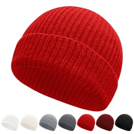 NPQQUAN Fisherman Beanies for Men Women Short Cuff Knit Beanie Winter Warm Hats Cap Red