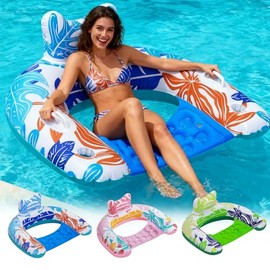 Flotadores de piscina para adultos, paquete de 3/4 unidades, flotadores inflables para piscina, tumbona en forma de U con cómodas asas para reposacabezas y tazas, flotadores portátiles de