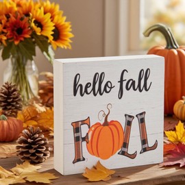 Fall Decorations for Home Office, Rustic Hello Fall Pumpkin Wood Box Sign Desk Decor, Autumn Harvest Thanksgiving Tabletop Counter Shelf Square Sign Gifts 6 x 6 Inches