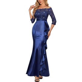 MISSMAY Women's Sexy Off Shoulder Floral Lace Formal Wedding Party Maxi Dress (Medium, Navy Blue)