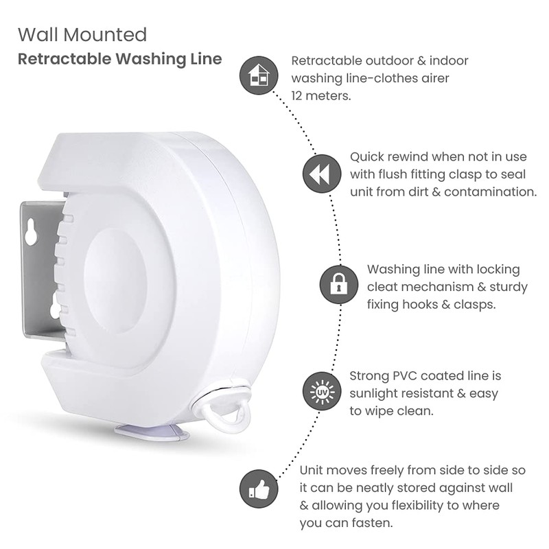 Flatro Retractable Washing Line Outdoor - 12m Single Wall Mounted