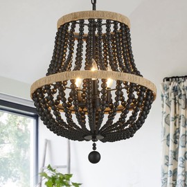 3-Light Boho Chandelier Farmhouse, Wood Bead Pendant Light, Black Rustic Hanging Light Fixture for Kitchen Entryway Bedroom Nursery Dining Room Foyer