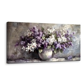 SERIMINO Large Wall Art for Living Room, Still Life Flowers Canvas Prints, Purple Floral Botanical Decor Paintings, Modern Aesthetic Pictures Wall Decor, Farmhouse Kitchen Artwork 24"X48"