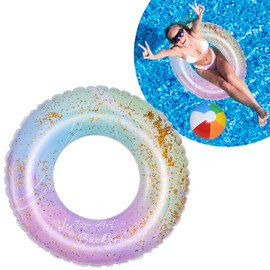 Inflatable Swim Ring for Adult,Swimming Rings,Bling Inflatable Pool Floats With Rainbow Sequins Transparent Floating Ring Swim Tube Rings for Girl Women Beach Summer Pool Party Water